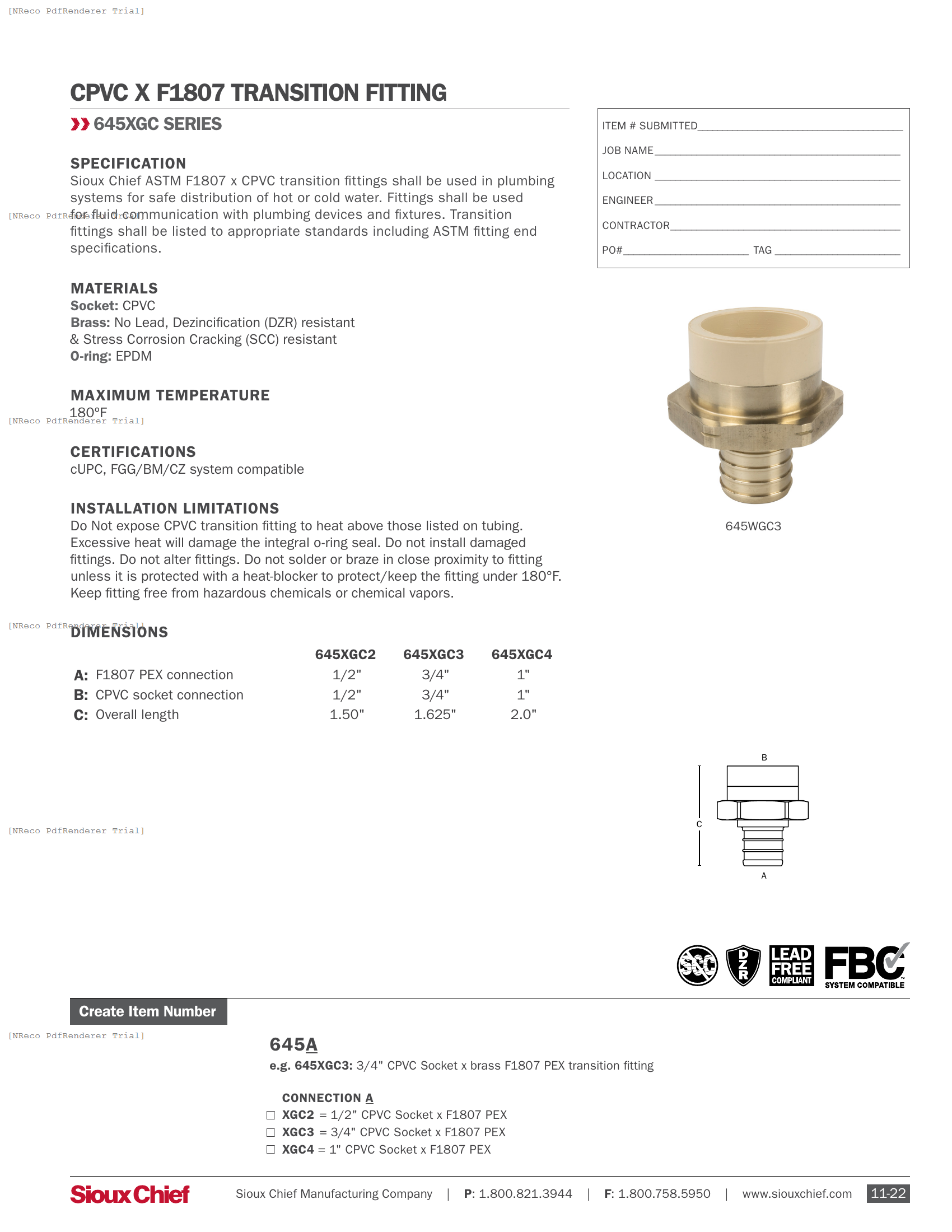 645XGC SERIES - CPVC X F1807 TRANSITION FITTING - SPEC SHEET.PDF Specification Document